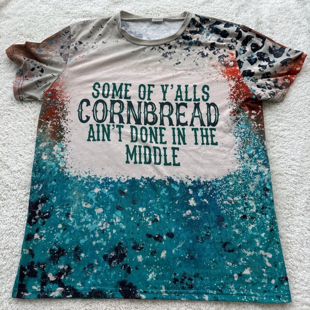 Graphic Tee with Teal & Rust Splatter - Cornbread Quote